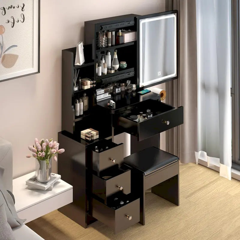 Left Cabinet Makeup Vanity with LED Mirror and USB Power Station and Cushioned Stool