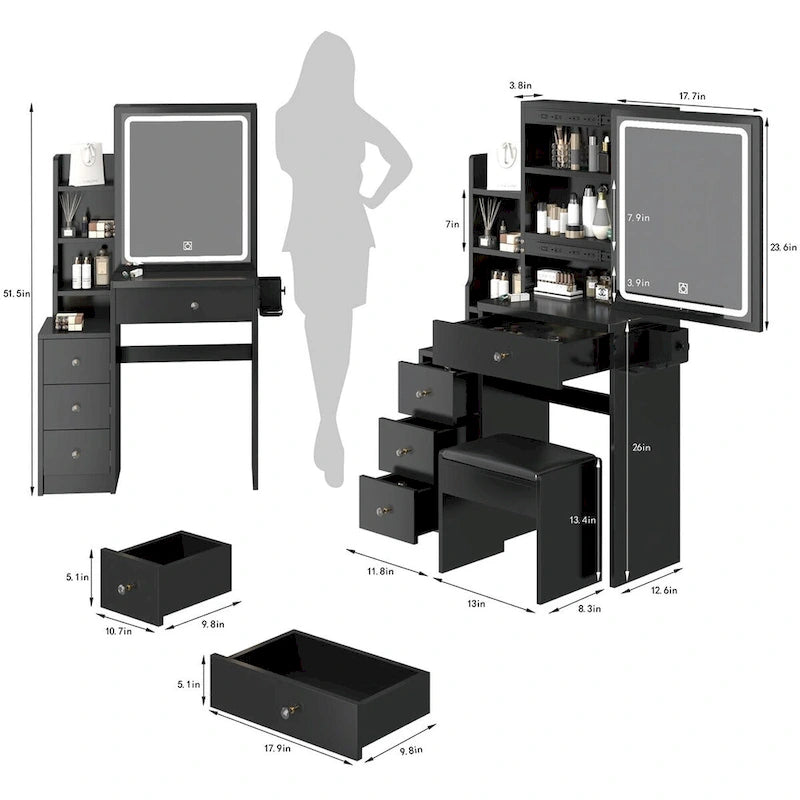 Left Cabinet Makeup Vanity with LED Mirror and USB Power Station and Cushioned Stool