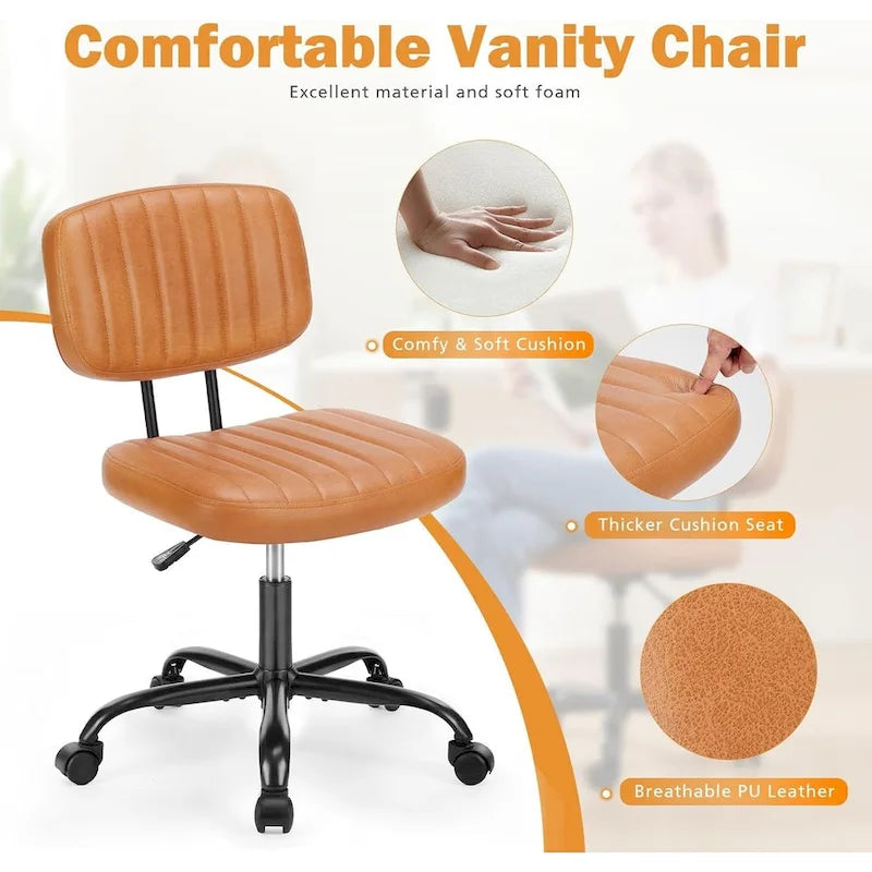 Silla pequeña de oficina para computadora, cómoda silla giratoria con ruedas de cuero PU, sin brazos, para adultos y estudiantes