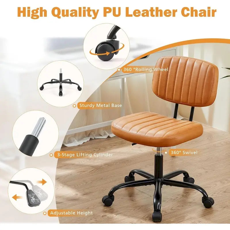 Silla pequeña de oficina para computadora, cómoda silla giratoria con ruedas de cuero PU, sin brazos, para adultos y estudiantes