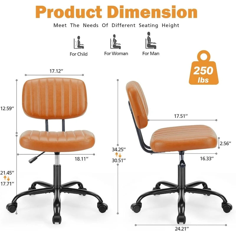 Silla pequeña de oficina para computadora, cómoda silla giratoria con ruedas de cuero PU, sin brazos, para adultos y estudiantes
