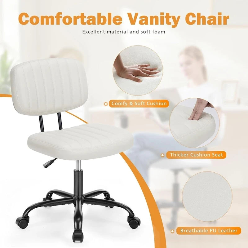 Silla pequeña de oficina para computadora, cómoda silla giratoria con ruedas de cuero PU, sin brazos, para adultos y estudiantes