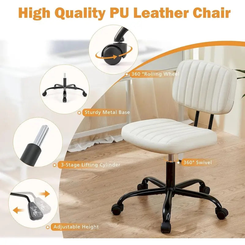 Silla pequeña de oficina para computadora, cómoda silla giratoria con ruedas de cuero PU, sin brazos, para adultos y estudiantes