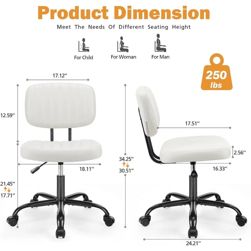Silla pequeña de oficina para computadora, cómoda silla giratoria con ruedas de cuero PU, sin brazos, para adultos y estudiantes