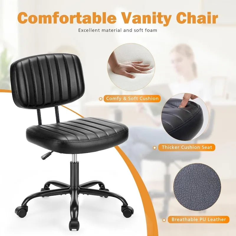 Silla pequeña de oficina para computadora, cómoda silla giratoria con ruedas de cuero PU, sin brazos, para adultos y estudiantes