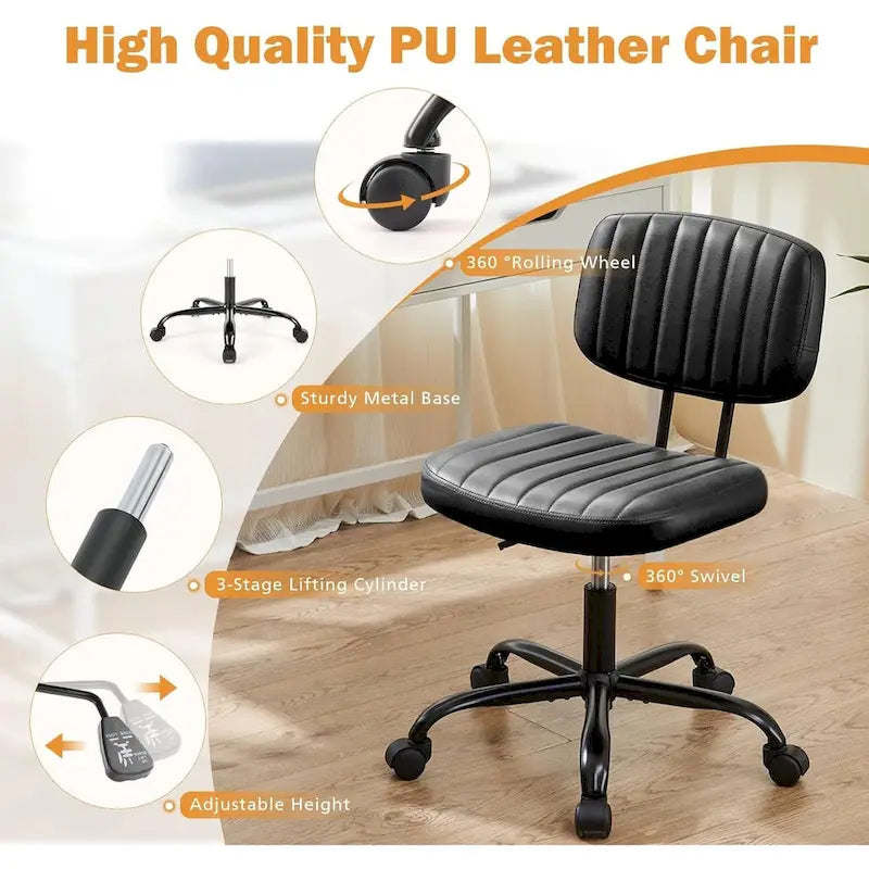 Silla pequeña de oficina para computadora, cómoda silla giratoria con ruedas de cuero PU, sin brazos, para adultos y estudiantes