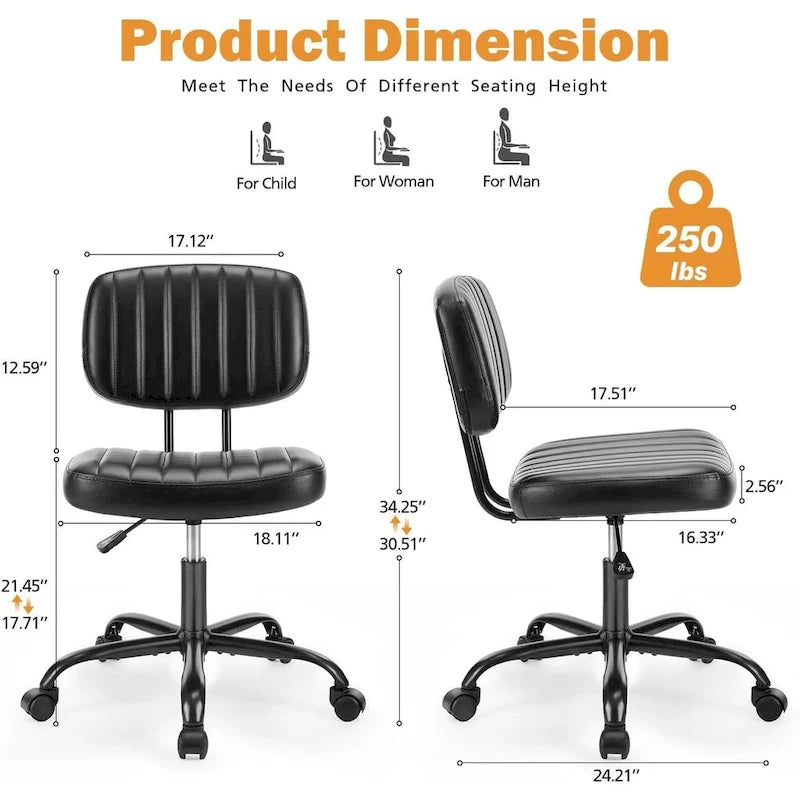 Silla pequeña de oficina para computadora, cómoda silla giratoria con ruedas de cuero PU, sin brazos, para adultos y estudiantes