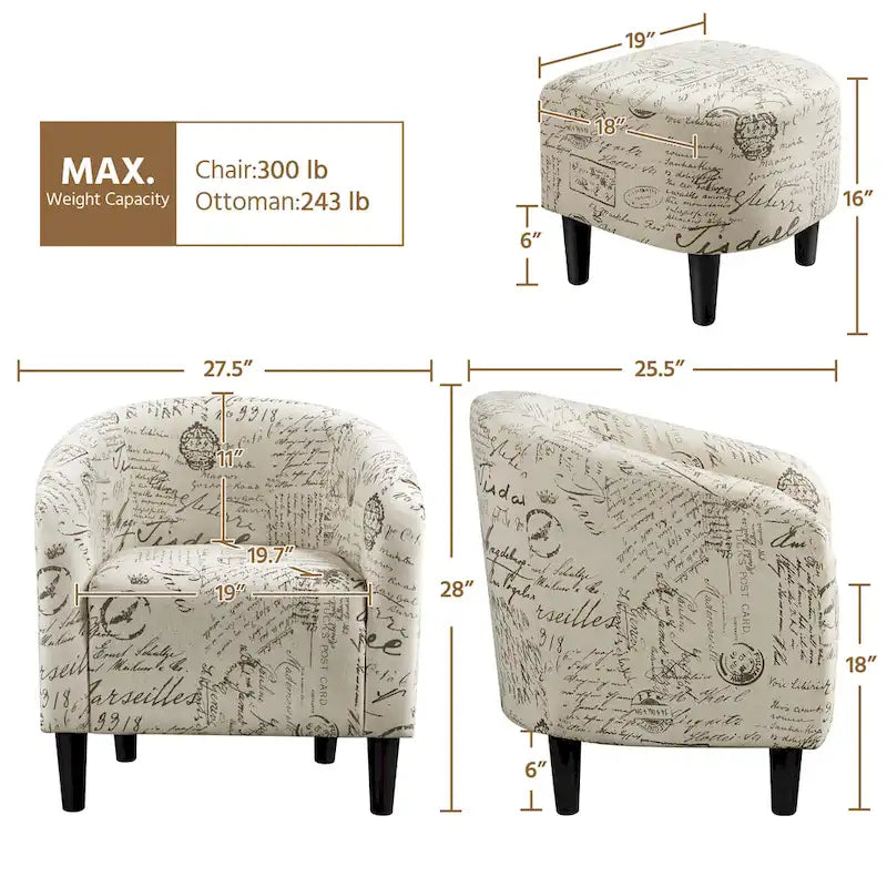 Fabric Club Accent Chair and Ottoman Set