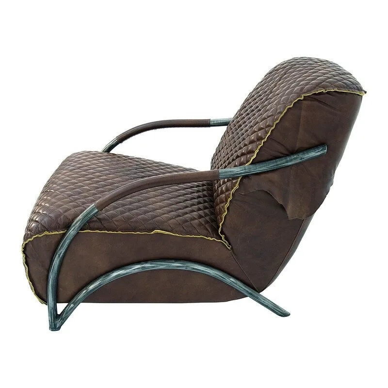 Sillón decorativo de cuero marrón estilo loft con capitoné y base de hierro fundido