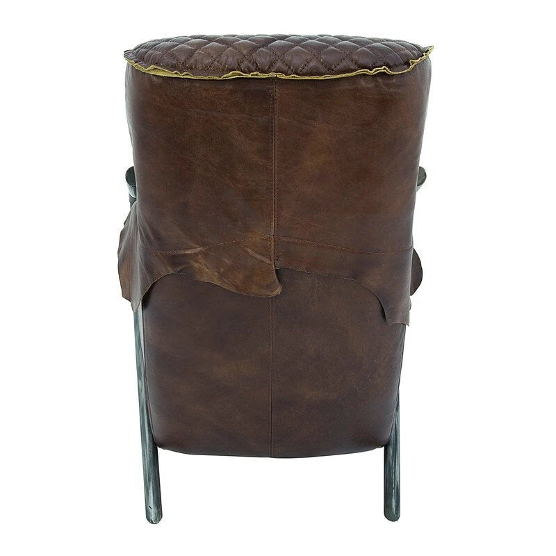 Sillón decorativo de cuero marrón estilo loft con capitoné y base de hierro fundido