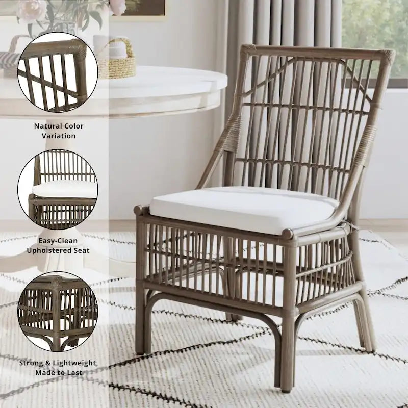 Rattan Slat Back Cushioned Dining Chairs, Set of Two