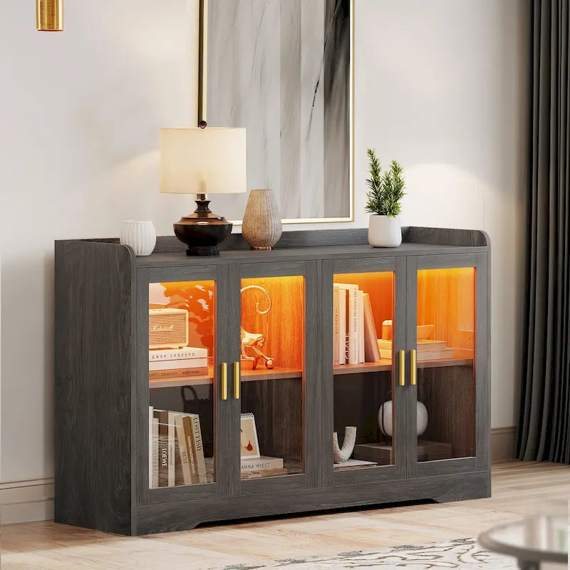 55" Sideboard Buffet Cabinet with LED Lights, Storage Cabinet with Doors and Adjustable Shelves