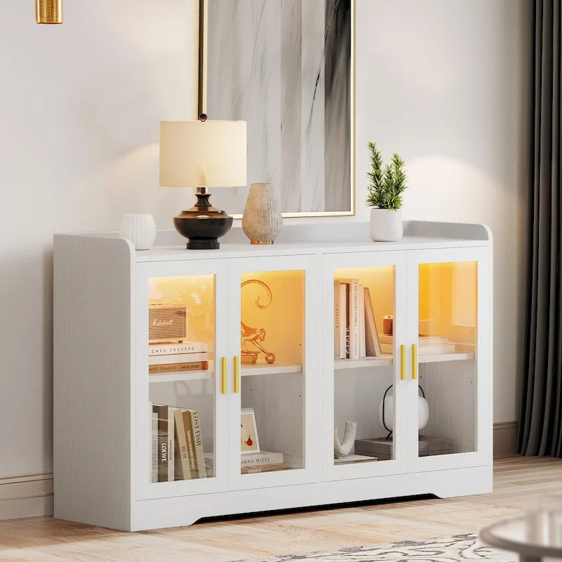 55" Sideboard Buffet Cabinet with LED Lights, Storage Cabinet with Doors and Adjustable Shelves