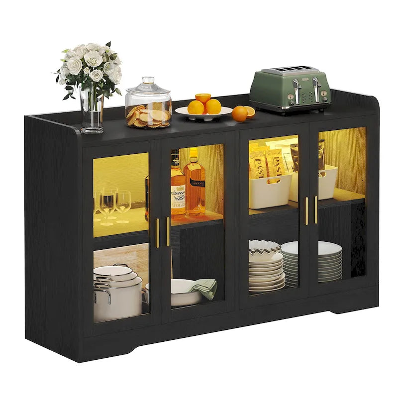 55" Sideboard Buffet Cabinet with LED Lights, Storage Cabinet with Doors and Adjustable Shelves