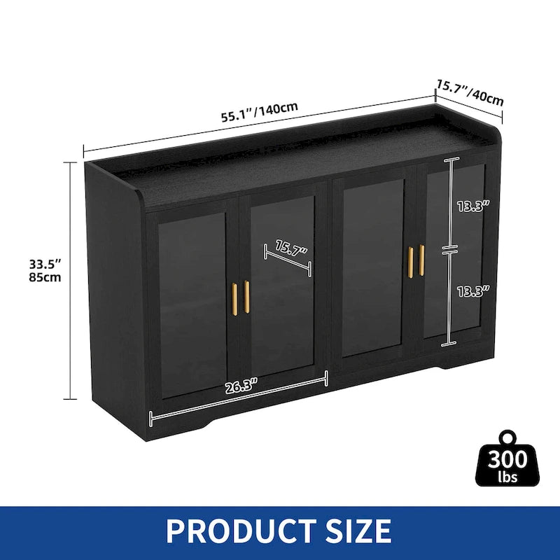 55" Sideboard Buffet Cabinet with LED Lights, Storage Cabinet with Doors and Adjustable Shelves