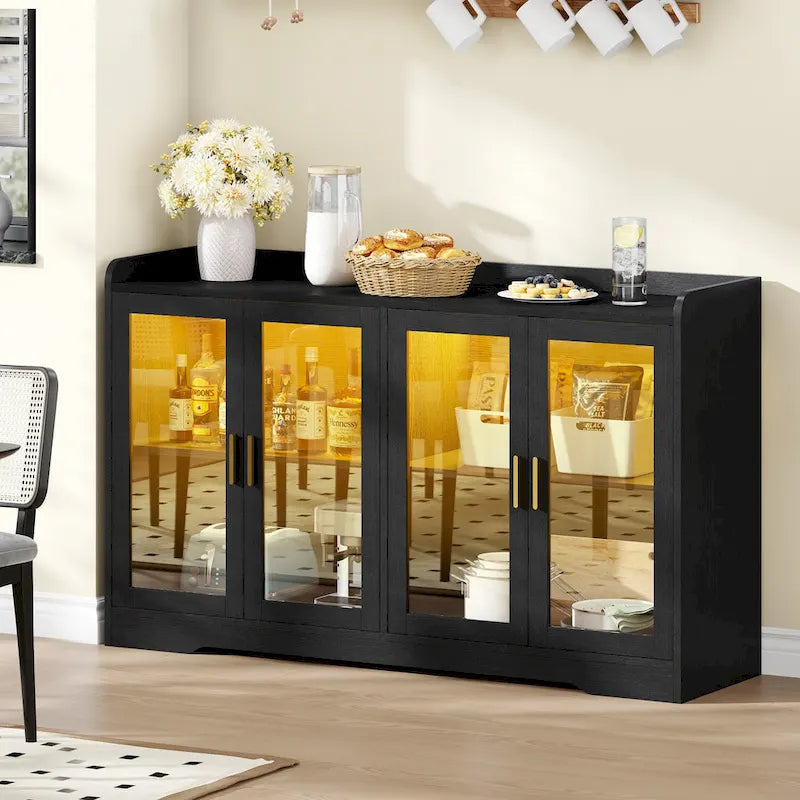 Buffet de 55" avec éclairage LED, meuble de rangement avec portes et étagères réglables