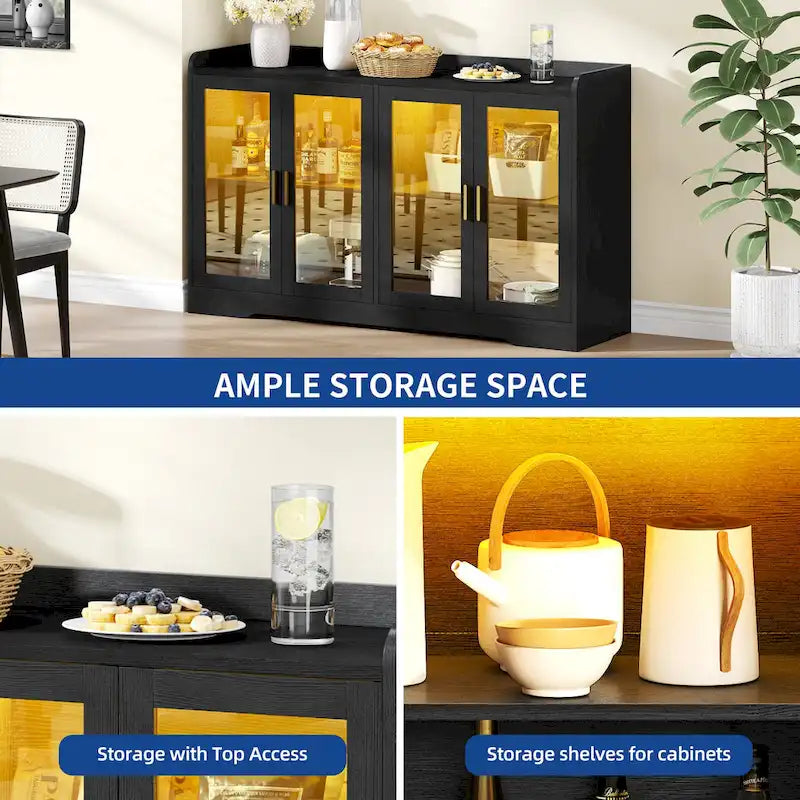 Buffet de 55" avec éclairage LED, meuble de rangement avec portes et étagères réglables