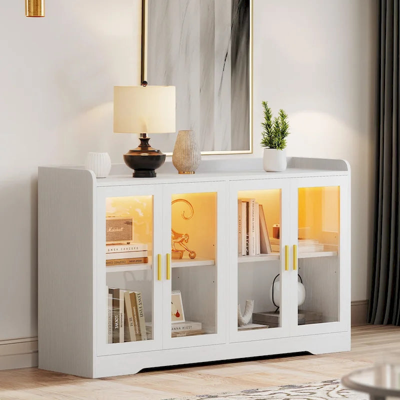 Buffet de 55" avec éclairage LED, meuble de rangement avec portes et étagères réglables