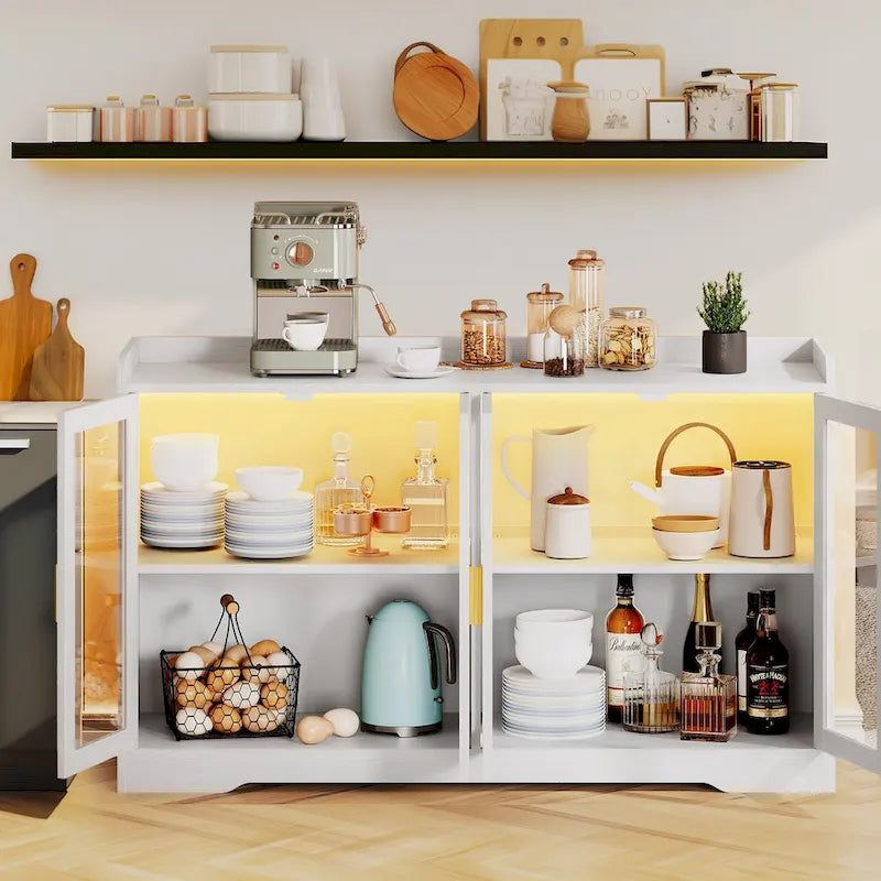 Buffet de 55" avec éclairage LED, meuble de rangement avec portes et étagères réglables