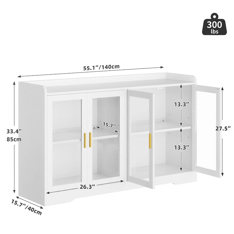 Buffet de 55" avec éclairage LED, meuble de rangement avec portes et étagères réglables