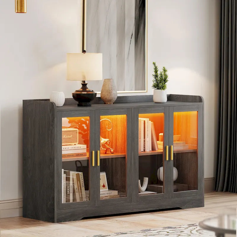 Buffet de 55" avec éclairage LED, meuble de rangement avec portes et étagères réglables