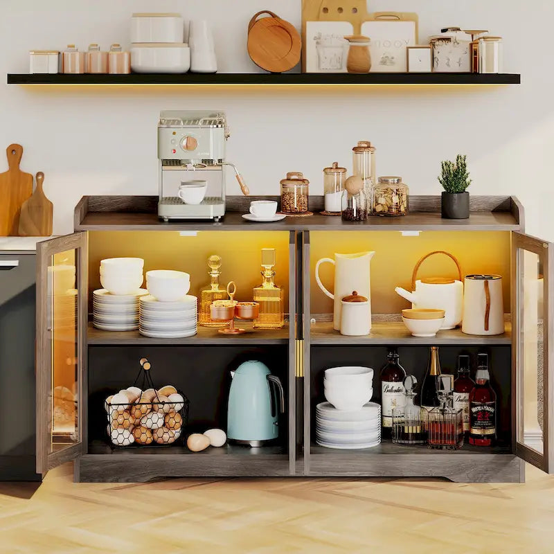 Buffet de 55" avec éclairage LED, meuble de rangement avec portes et étagères réglables