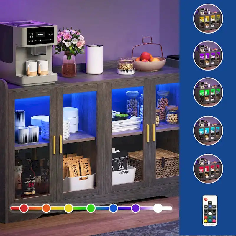 Buffet de 55" avec éclairage LED, meuble de rangement avec portes et étagères réglables