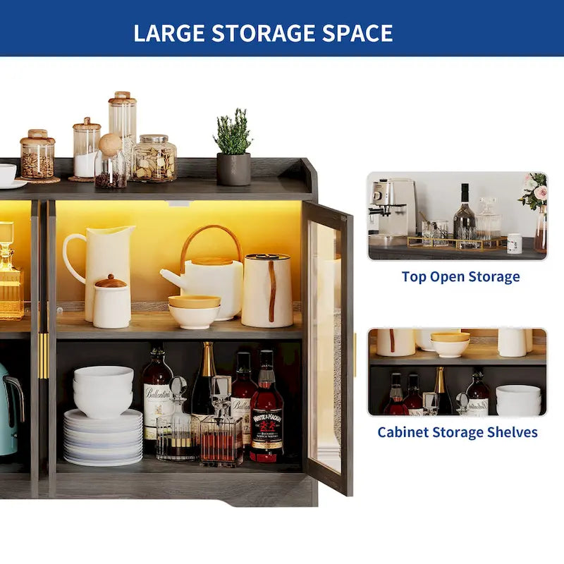 Buffet de 55" avec éclairage LED, meuble de rangement avec portes et étagères réglables