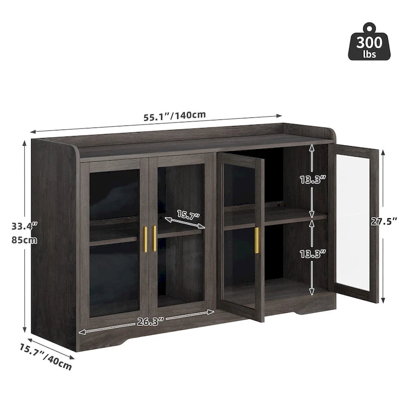 Buffet de 55" avec éclairage LED, meuble de rangement avec portes et étagères réglables